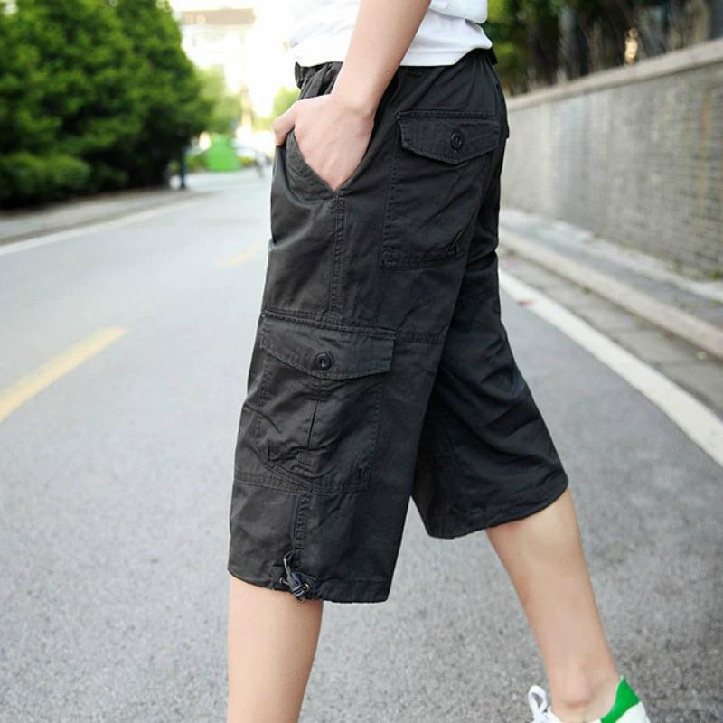 Повседневные шорты для мужчин, летние укороченные брюки, мужские свободные эластичные брюки с несколькими карманами, спортивные бриджи