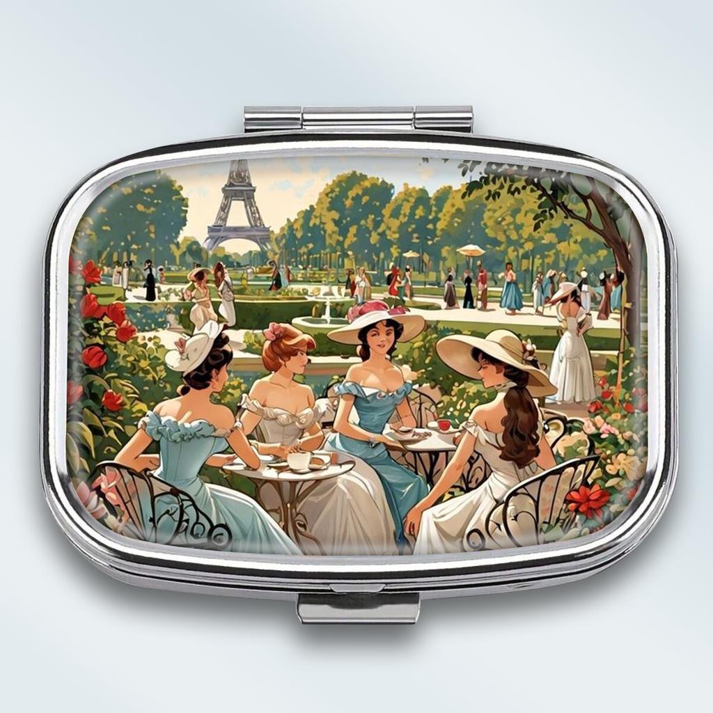 Portable Pill Box with 2 Compartments, Mini Metal Medicine Organizer Case, Cute Printed Pill Container for Vitamins, Pills, Jewelry, Travel, Daily Use