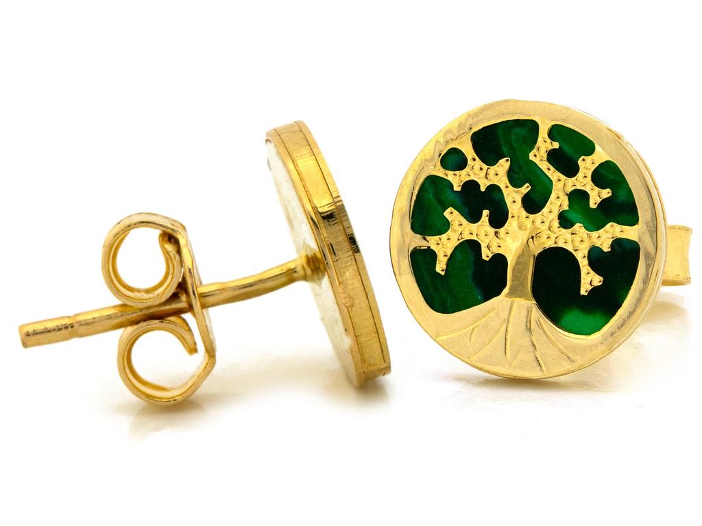 585 gold stud earrings, tree of happiness, green malachite, studs
