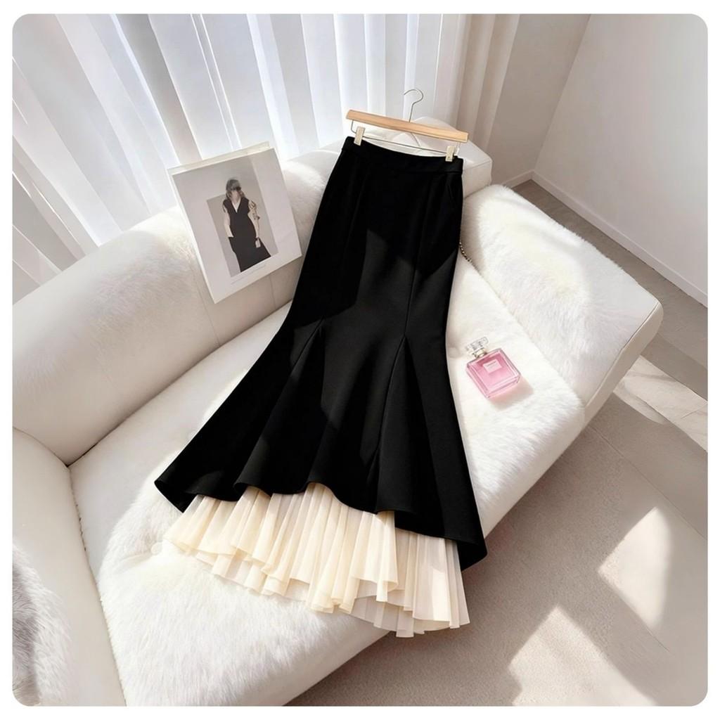Modern Cotton Blend Womens Long Skirt With Wave Hem And Ruffle Details For Spring Fashion