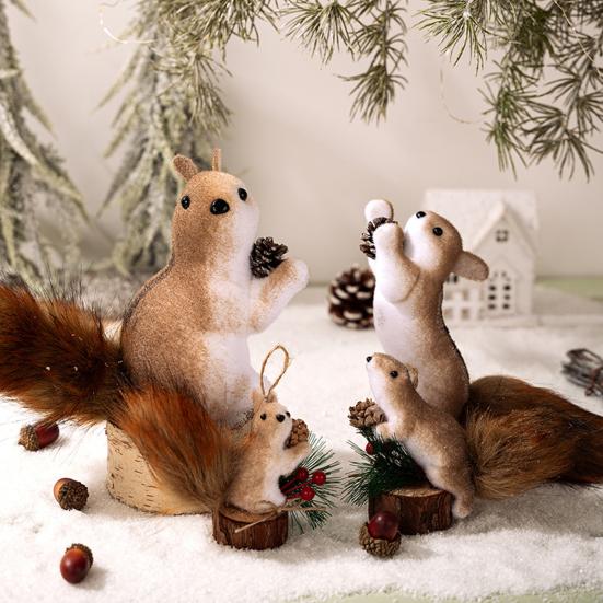 Foam Squirrel Ornament 3D Artificial Squirrel Figurine with Pine Cones Berries Cute Fake Animal Christmas Tree Hanging Decoration for Winter