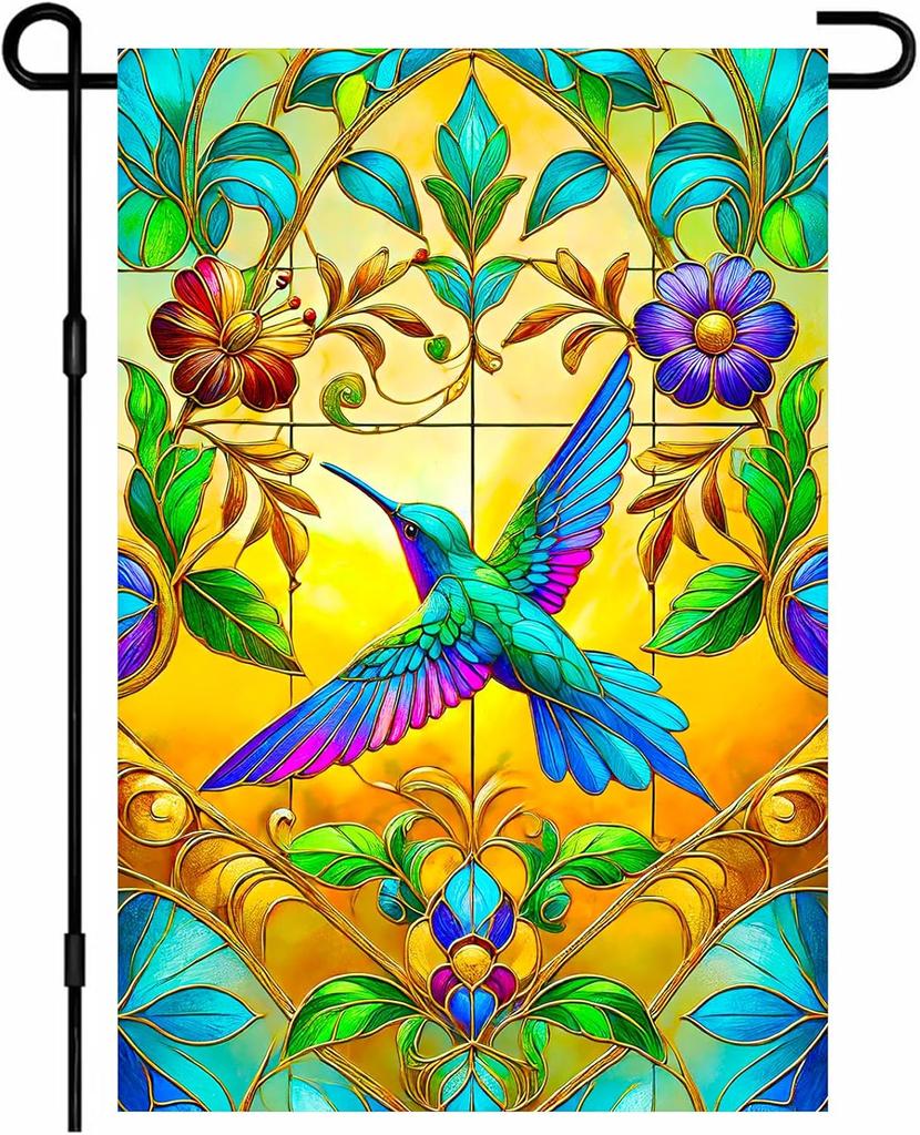 IVN Spring Summer Garden ag 12x18 Inch Double Sided ower Stained Glass Hummingbird Outdoor Yard ag for Outside Home Fr GGO