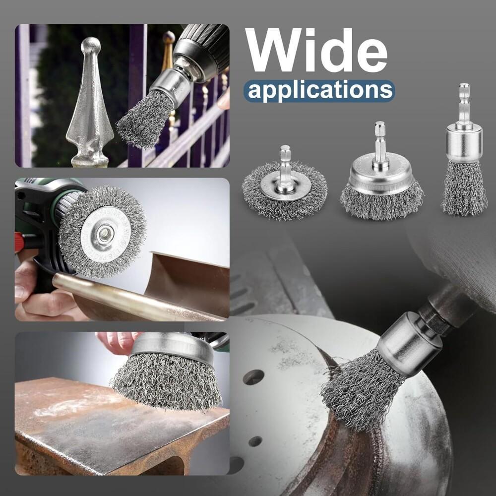 Professional Carbon Steel Wire Wheel Brush Bits - Rust Cleaning Attachment with 1/4" Hex Shank, Cup Brush