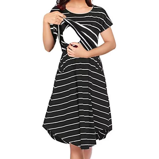 Summer Mother Breastfeeding Dress Openable Front Striped Round Neck Irregular Hem Short Sleeve Pregnant Women Nightdress Midi Dress
