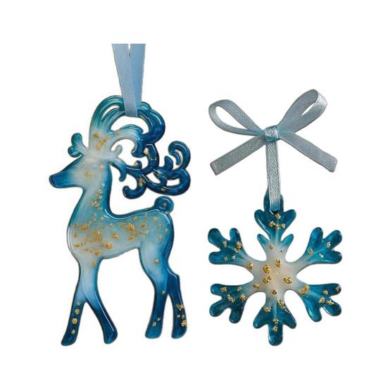 Рождественские украшения из смолы ручной работы Синий и золотой олень Снежинка Украшение для рождественской елки с подвесными лентами Винтажный праздничный сувенир