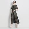 French-Style Water-Soluble Lace Spliced Long Skirt with Slim Round Neck and Large Swing