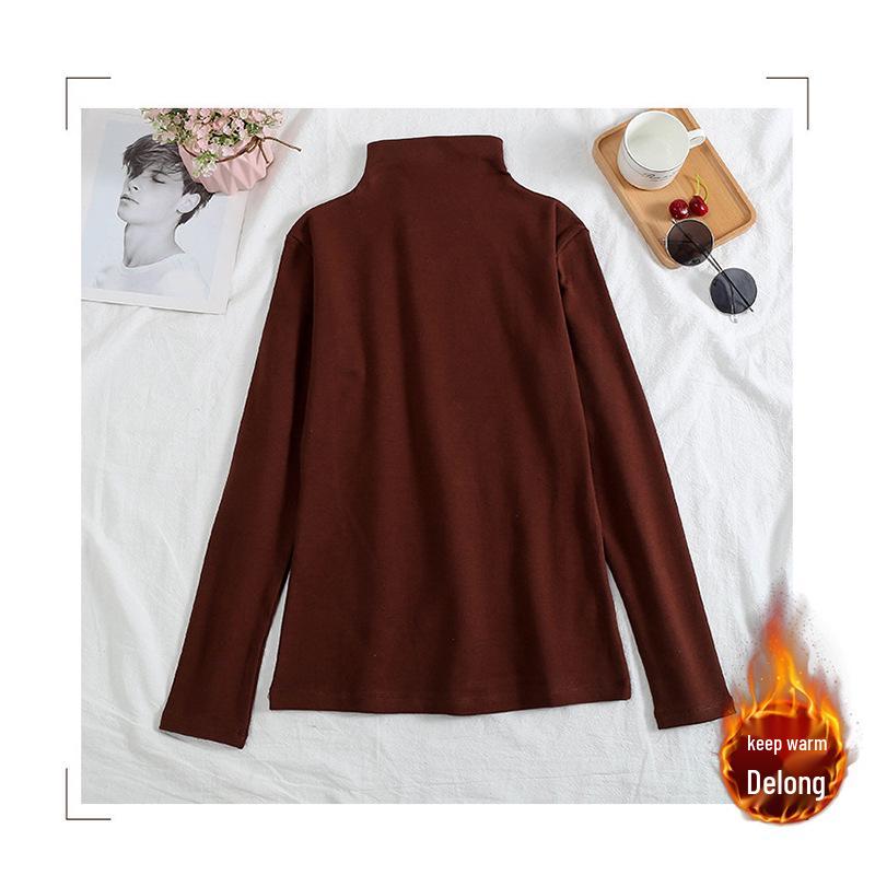 2024 Women's Korean Style Solid Color Plus Velvet Long Sleeve T-Shirt, Autumn/Winter