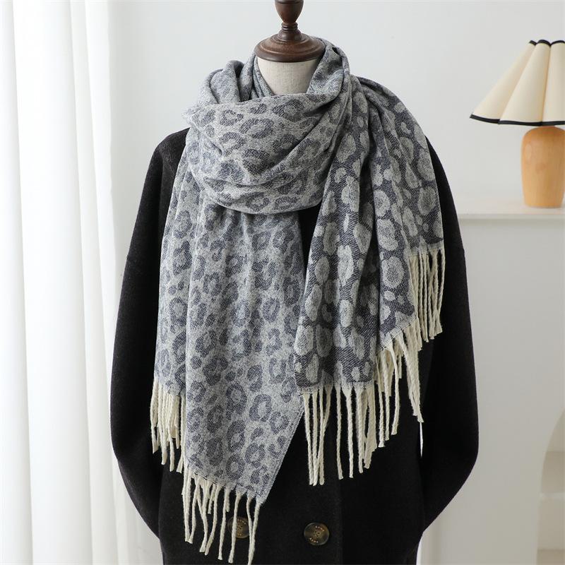 Fashion Leopard Print Jacquard Imitation Cashmere Scarf Simple Versatile Warm Scarf Women'S Fringed Shawl