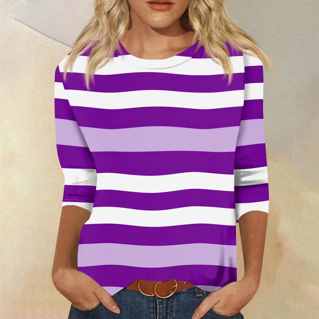Женская модная повседневная футболка с круглым вырезом, рукавом три четверти, в полоску с принтом