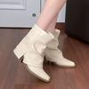 Elegant Thick Heel White Ankle Boots Women 2025 Winter Pointed Toe Medium Heel Black Pleated Chelsea Boots Woman's Shoes Autumn