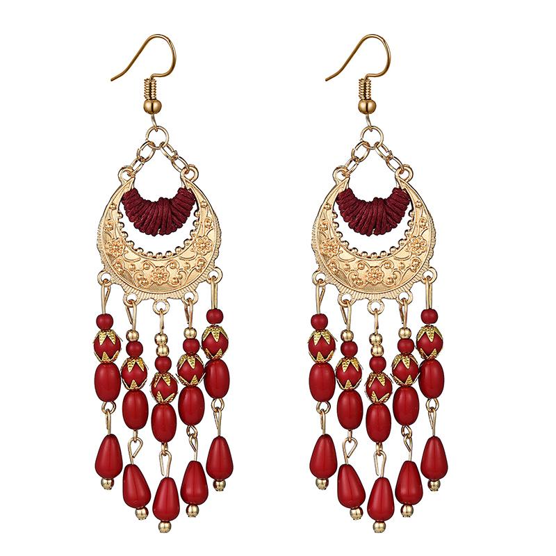 Vintage National Fashion Earrings for Women Elegant Bohemian Crescent Water Drop Tassel Long Earrings Carved Rope Boho Earrings