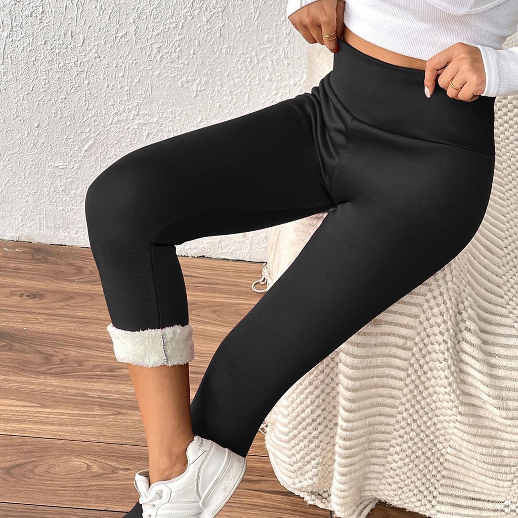 Women's Fleece-Lined Ribbed Thermal Leggings High-Waisted Slimming Design With Pockets Shapewear Leggings For Lifted Buttocks