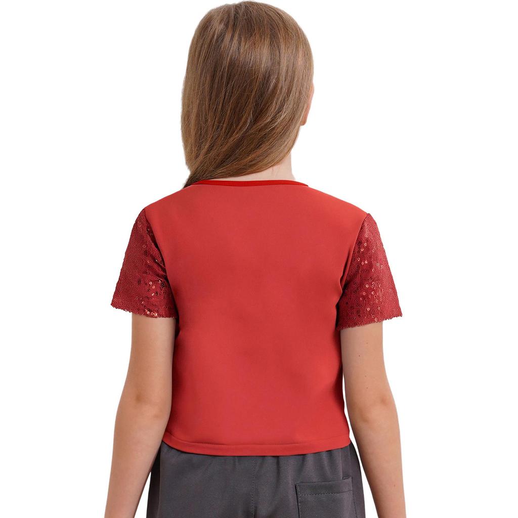 Girls Sparkling Sequin Crop Top Round Neck and Short Sleeves for Hip Hop Dance Costume