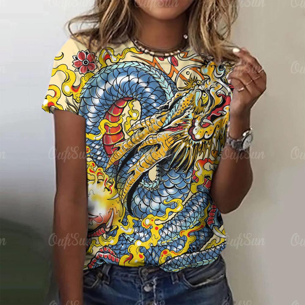 Женская футболка с принтом 3D-дракона в китайском стиле, новый пуловер для женщин с круглым вырезом, повседневный короткий рукав, 2024, модные уличные топы