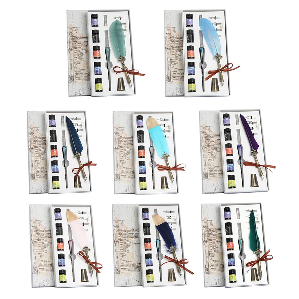 Crystal Dip Pen Feather Set Manual Gradient Color Writing Ink Pen Student Stationery Quill 17ml
