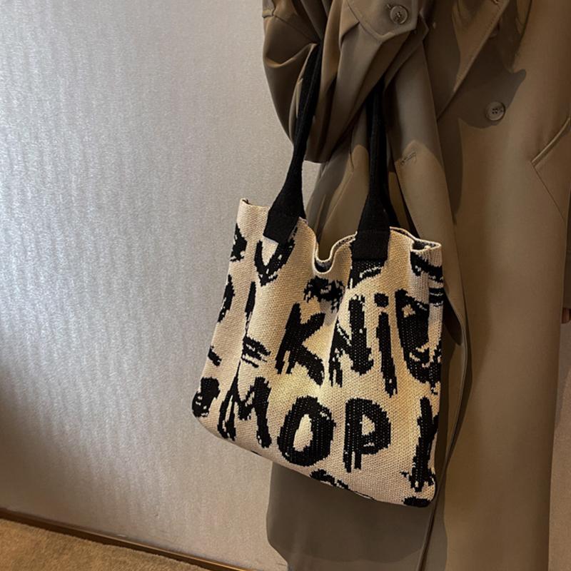Сумка через плечо с буквенным принтом, большая вместительная сумка контрастного цвета из хлопчатобумажной ткани, летняя модная вязаная сумка ручной работы