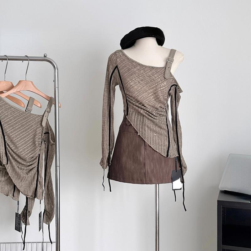 Autumn Woman Irregular Design Jerseys Gyaru Long Sleeve Cropped Tops Slash Neck Pullovers Y2k Streetwear 2000s Aesthetic Vintage