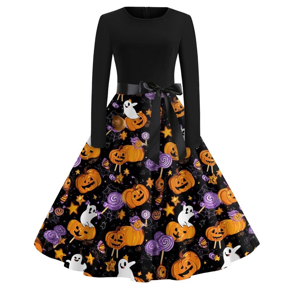 Women's Casual Vintage Halloween Print Dress Round Neck Long Sleeve Fit and Flare Retro Style Midi Dress with Waist Tie