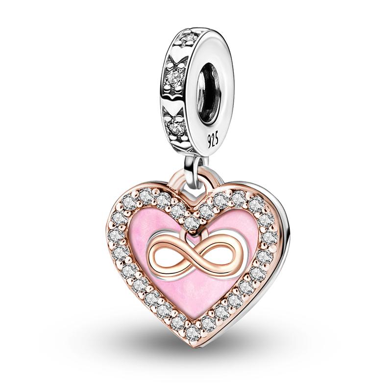 Медные подвески Циркон Розовое Сердце Любви Шармы Бусины Подходят для Оригинального Браслета Пан Браслеты DIY Ювелирные Изделия Для Женщин