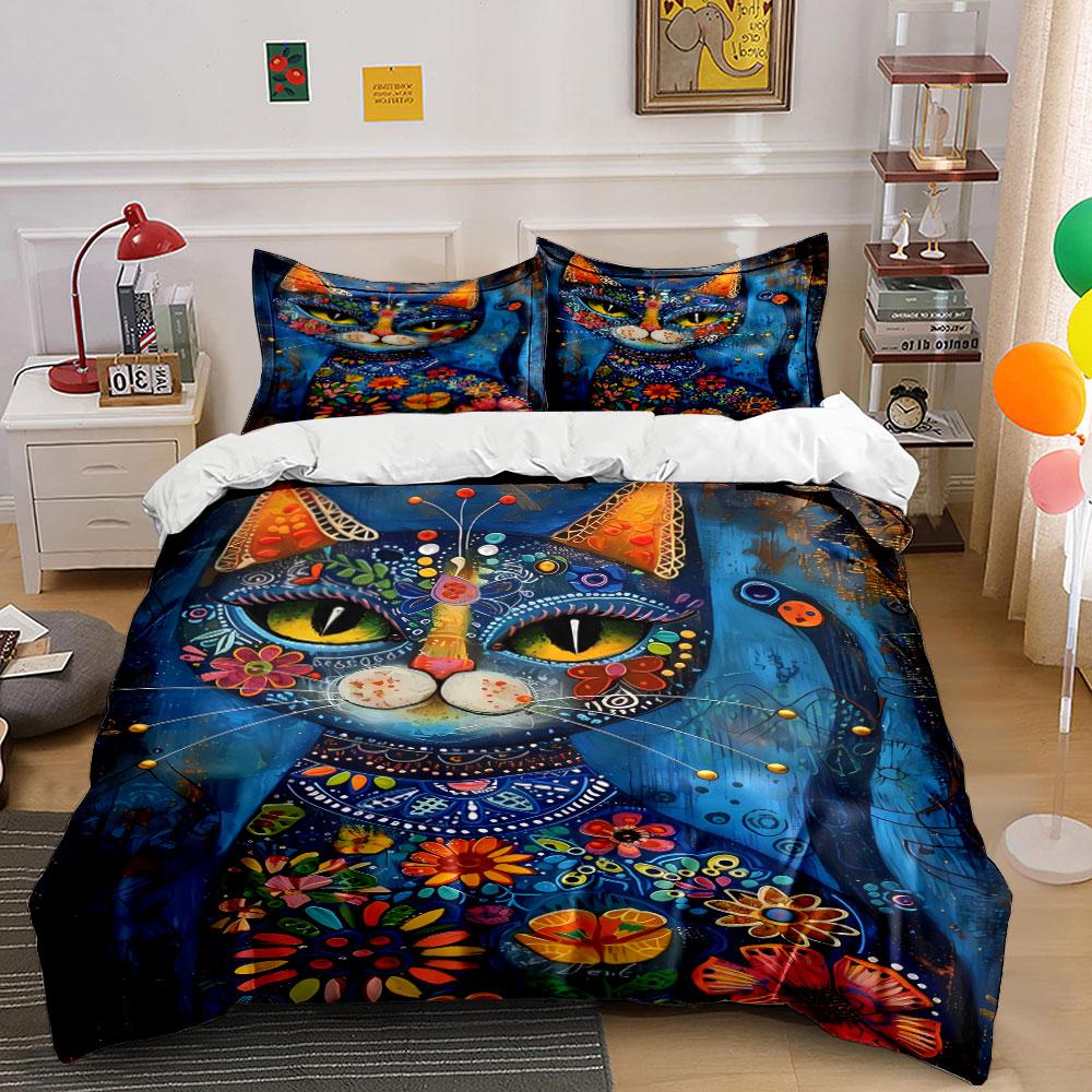 Colorful floral cat design. Bedding sets Duvet cover sets Duvet covers Pillowcases(1 * Duvet Cover 2 * Pillowcases without duvet insert)