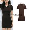 Spring Women Clothes Korean Style Contrast Color Trim Short Sleeve Polo Shirt Collar Knitted Mini Dress 0014001