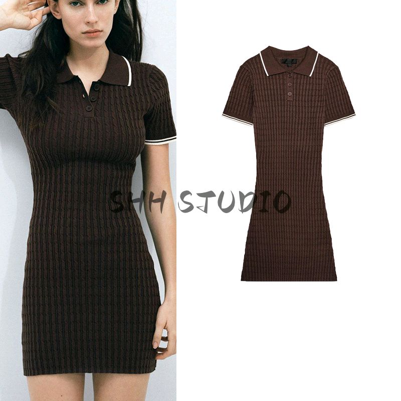 Spring Women Clothes Korean Style Contrast Color Trim Short Sleeve Polo Shirt Collar Knitted Mini Dress 0014001