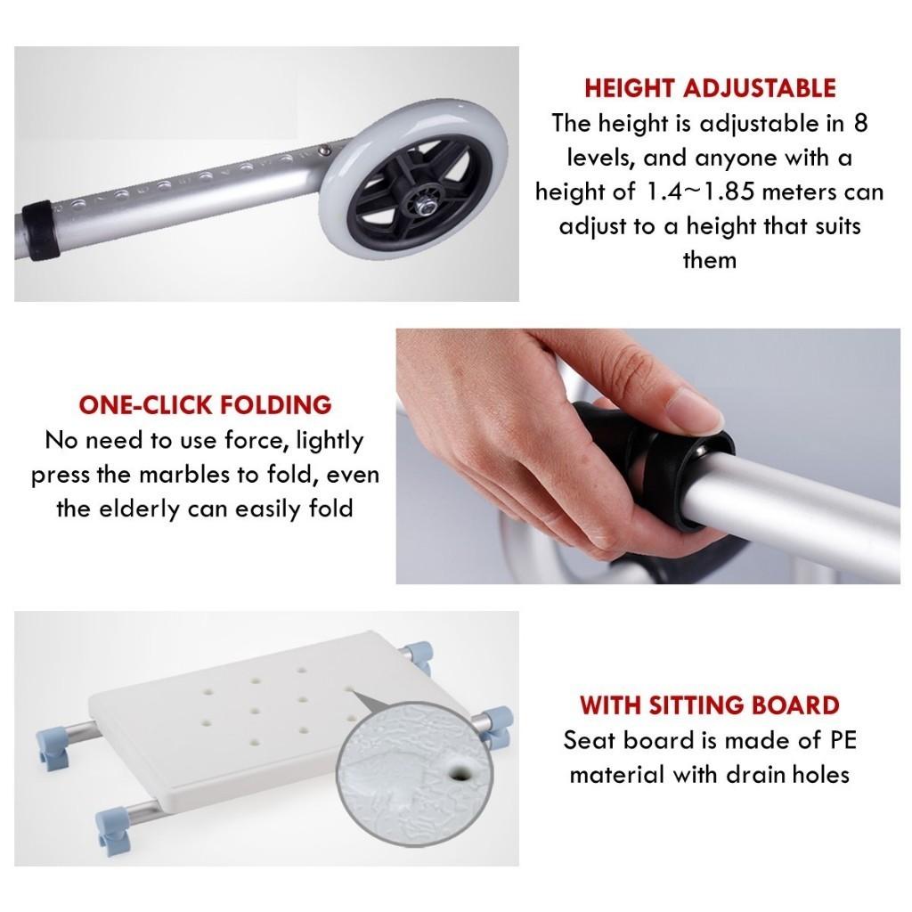 3-in-1 Aluminum Alloy Walking Frame Height Adjustable Foldable Elderly Walking Holder Toilet Support Shower Chair