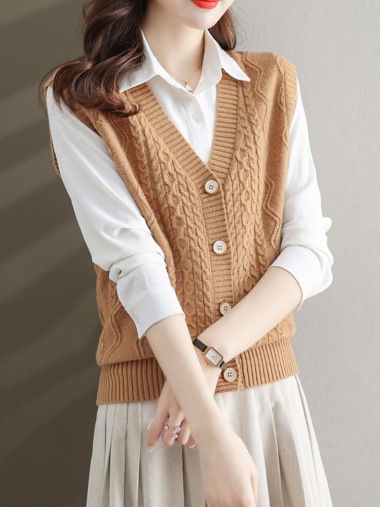 Женский шикарный трикотажный жилет из полиэстера | Жилет-свитер с V-образным вырезом и косами | Однотонный трикотаж без рукавов | Модный многослойный топ на осень/зиму