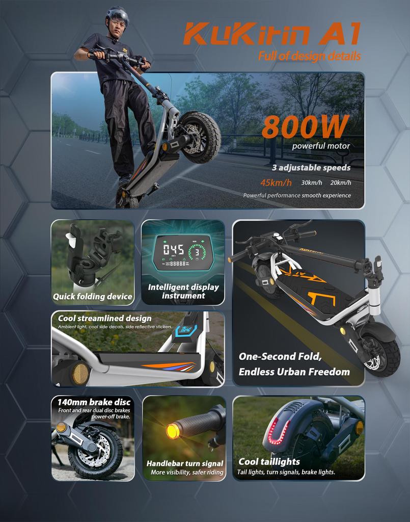 Foldable electric scooter Kukirin A1, 800W motor, 48V 13Ah battery, top speed 45km/h, cruising range 45km, 10-inch tires