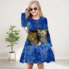 Повседневное платье для девочек с 3D-принтом, синим котом, круглым вырезом и длинными рукавами, детское платье принцессы