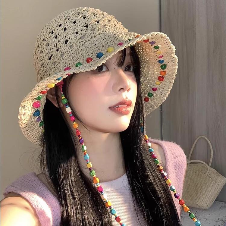 New French floral bow straw hat women's summer seaside beach vacation big eaves sunshade sun hat