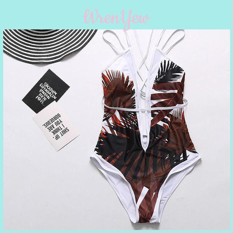 Women Elegant Floral Print Deep V Neck Backless Bandage Bathing One Piece Swimsuit