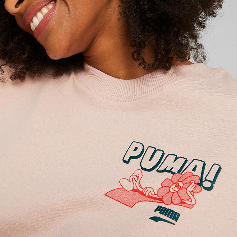 Puma Downtown Eco Series Однотонная футболка с принтом, круглым вырезом и логотипом, спортивная, повседневная, дышащая, с коротким рукавом, женская футболка, розовая 537637-47
