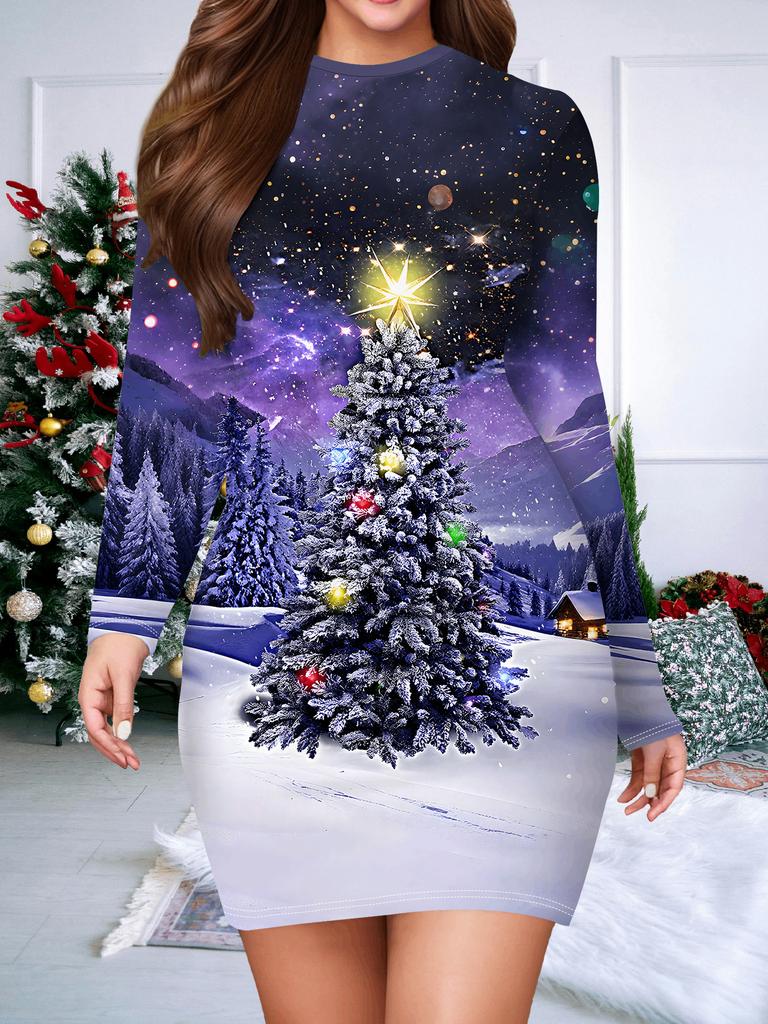 2025 Autumn and Winter New Women's Hip-wrapped Dress,3D Christmas Printing and Dyeing Women's Fashion Long-sleeved Round Neck Sexy Hip-wrapped Dress