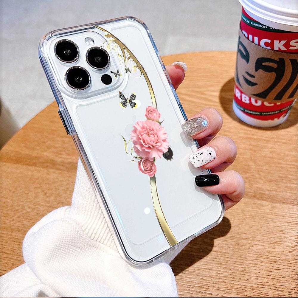 Розовый гвоздика с золотыми лозами Чехол для телефона для IPhone 14 15 16 17 13 12 11 Pro Max Plus 12 13 Mini TPU Защитный чехол