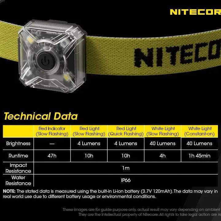 NU05 V2 KIT White/Red Light NITECORE Headlamp 4*High Performance LEDs CAMPING USB Rechargeable 40 Lumens for Rescue Bicycle