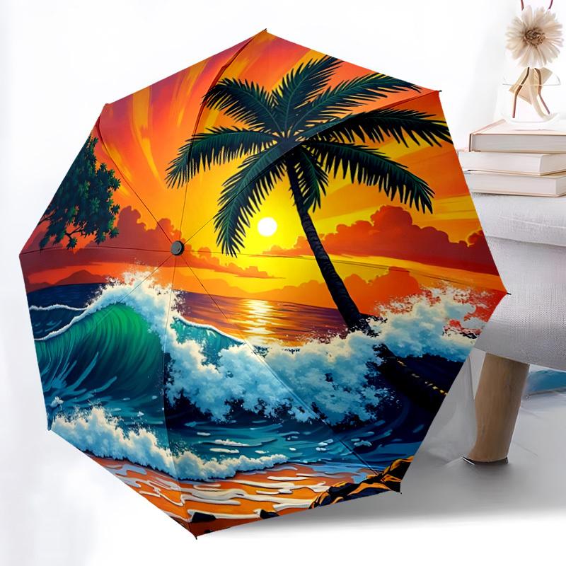 1pc Sunset Palm Automatic Opening/Closing Folding Umbrella with 8 Ribs,Windproof Portable Sunshade Umbrella Holiday gift yy260401054
