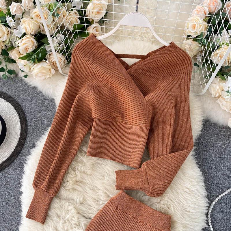 Весенний новый модный костюм в иностранном стиле с v-образным вырезом и рукавами «летучая мышь», вязаный свитер, женская юбка с высокой талией и запахом, комплект из двух предметов