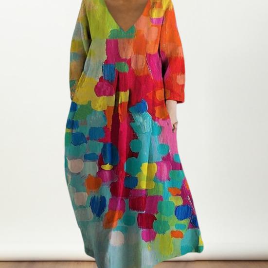 Женское летнее платье с длинными рукавами и круглым вырезом с принтом маслом Яркий цвет Глубокий V-образный вырез Свободное платье для отпуска Пляжное платье макси Ежедневное длинное платье