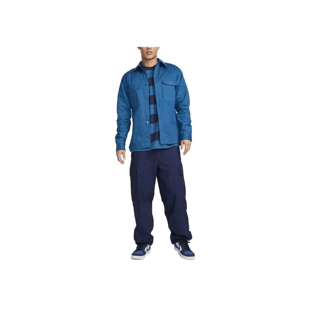 Nike Однотонная рабочая одежда с пуговицами, повседневная однобортная рубашка поло с длинным рукавом, мужские рубашки, промышленный синий FQ0398-457