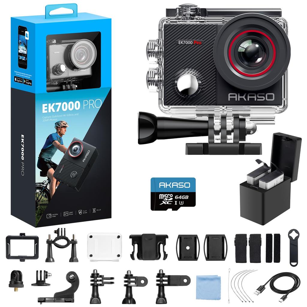 AKASO EK7000 Pro 64 ГБ памяти 4K Экшн-камера с сенсорным экраном, Внешний дисплей, Водонепроницаемость 40 м, HDMI, Пульт ДУ, Два аккумулятора 1350 мАч, Широкий диапазон носимых аксессуаров + Карта памяти, Камера, 20 МП,