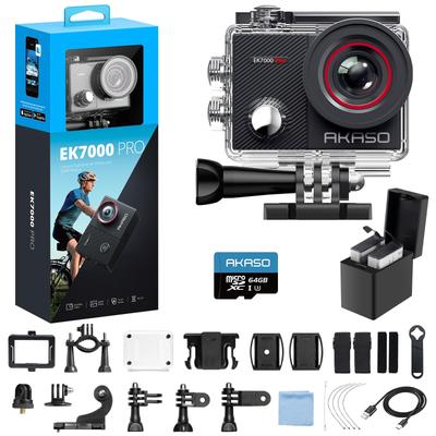 AKASO EK7000 Pro 64 ГБ памяти 4K Экшн-камера с сенсорным экраном, Внешний дисплей, Водонепроницаемость 40 м, HDMI, Пульт ДУ, Два аккумулятора 1350 мАч, Широкий диапазон носимых аксессуаров + Карта памяти, Камера, 20 МП,