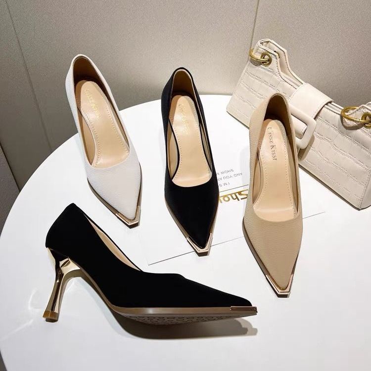 Модная женская обувь 2024 Весенние туфли-лодочки Бежевые туфли на высоком каблуке Рабочее платье Профессиональные остроносые сандалии на танкетке Женские с мелким вырезом Новейшие 12 см Мне