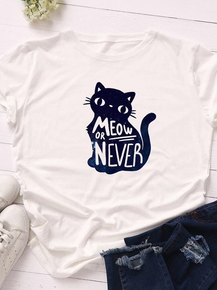 Мяу или Никогда Принт Кошки Женская Футболка с Коротким Рукавом Круглый Вырез Свободная Женская Футболка Женская Футболка Топы Одежда Camisetas Mujer