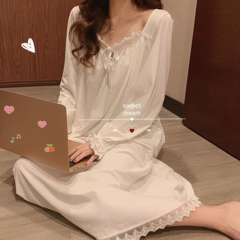 Женские ночные рубашки до середины икры, однотонные квадратные воротники с длинными рукавами и оборками на шнуровке, свободные ретро-шик