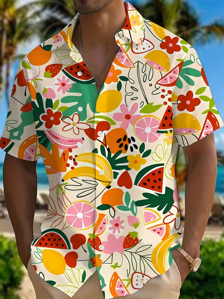 Fresh Watermelon and Orange Fruit Floral Print Casual Men's Shirt: Skin-friendly and Smooth Polyester Fiber Material + High-definition Digital
