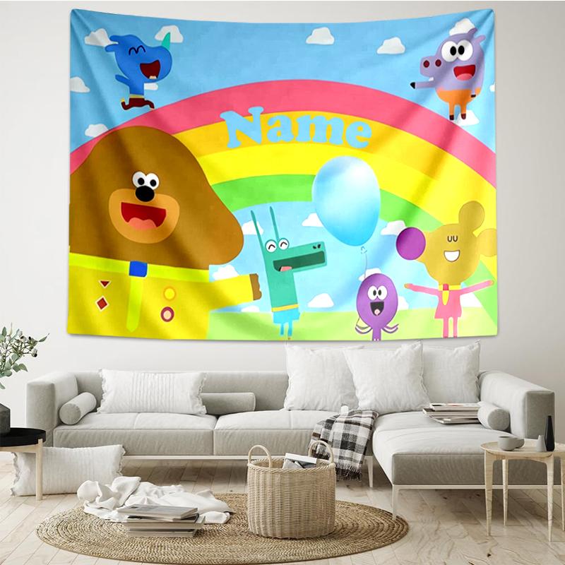 Custom Name Hey Duggee Print Tapestry, Backdrop, Easy Setup, Ideal for Bedroom, Office & Living Room, with Aesthetic Wall Hanging Decor.