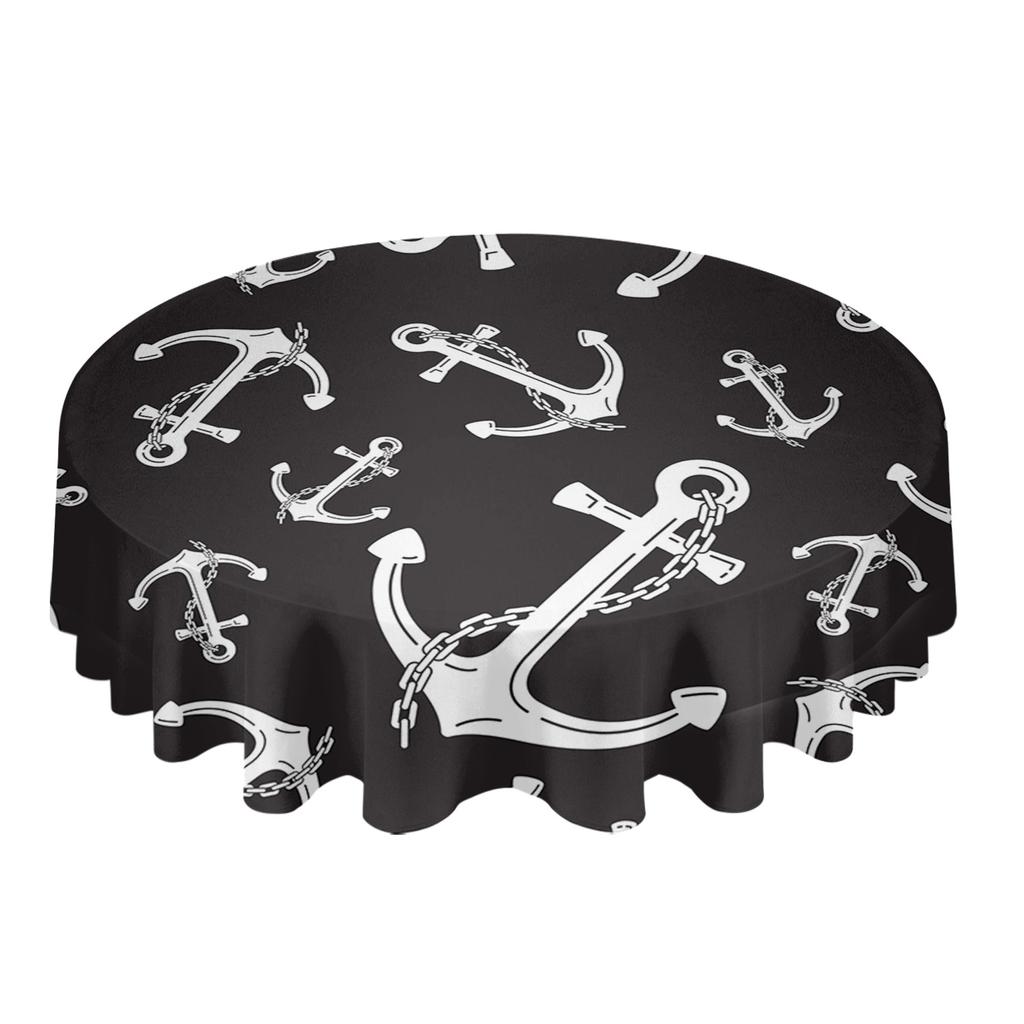 White Anchor Black Background Round Table Cloth Festival Dining Waterproof Tablecloth Table Cover For Wedding Party Decor