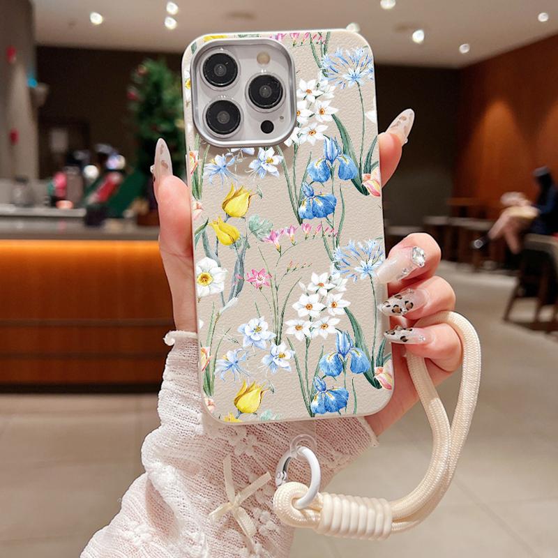Модный матовый противоударный чехол с цветочным узором для iPhone 16 Pro Max 15 14 Pro 13 12 11 цветной мягкий ремешок для защиты линз TPU тонкий бампер чехол