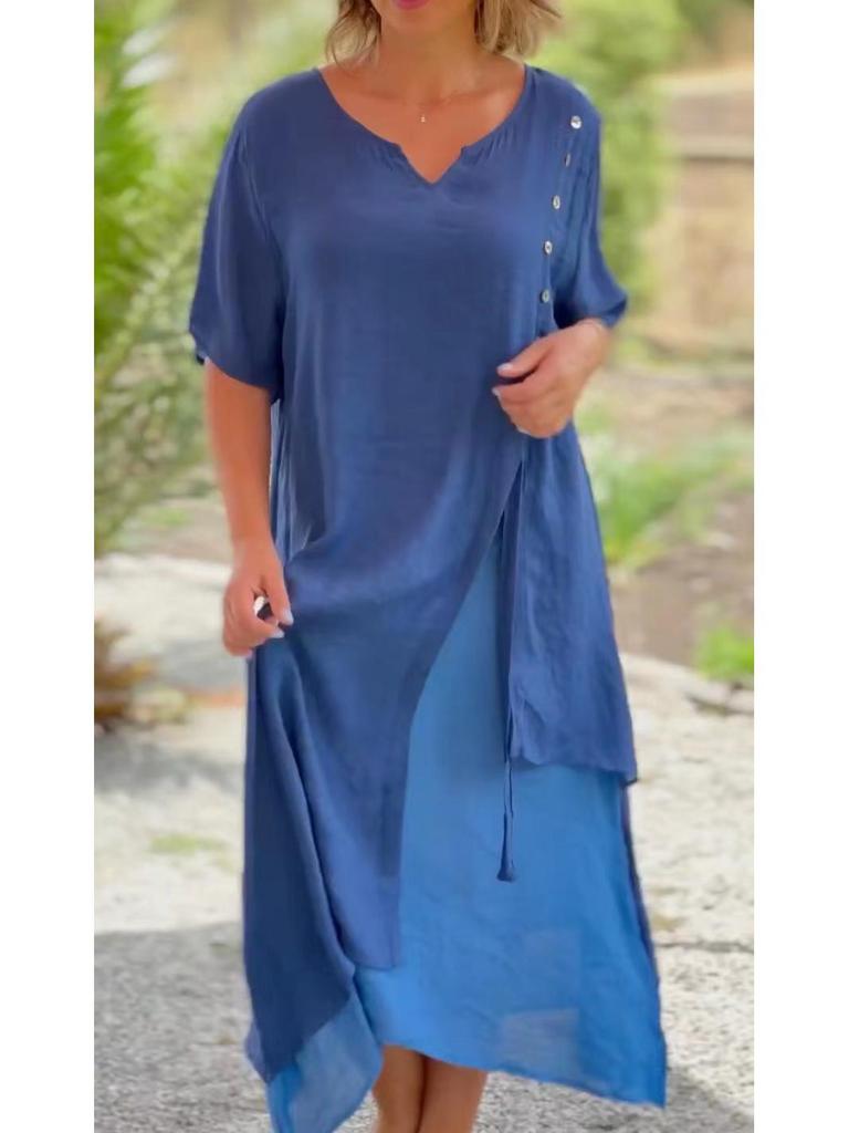 Европейское и американское женское асимметричное платье с V-образным вырезом и короткими рукавами - Летняя мода